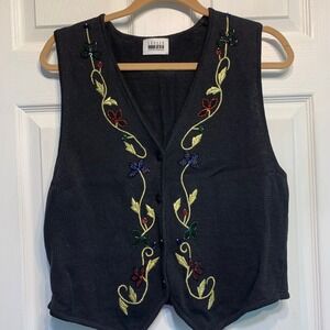 Leslie Fay Sportswear Sweater Vest M Black Floral Beaded Embroidered VTG Grandma